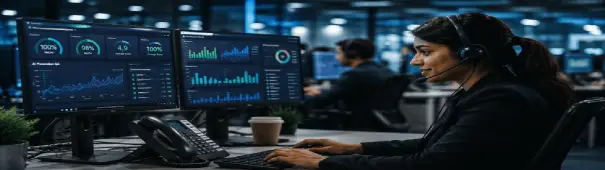 IT support team monitoring real-time conversation analytics dashboard with Verbix AI