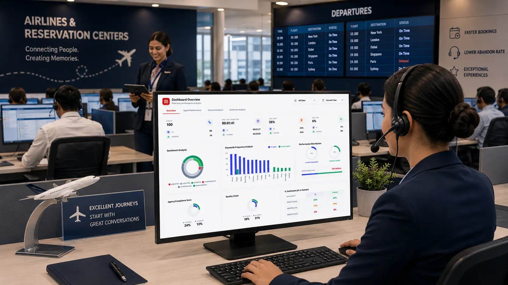 Airline reservation center with booking and customer service analytics dashboard.