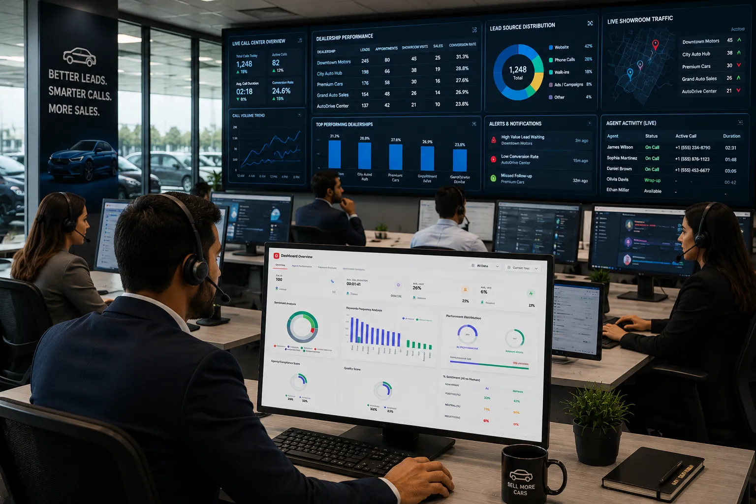 Automotive dealership team using AI call analytics dashboard to boost sales