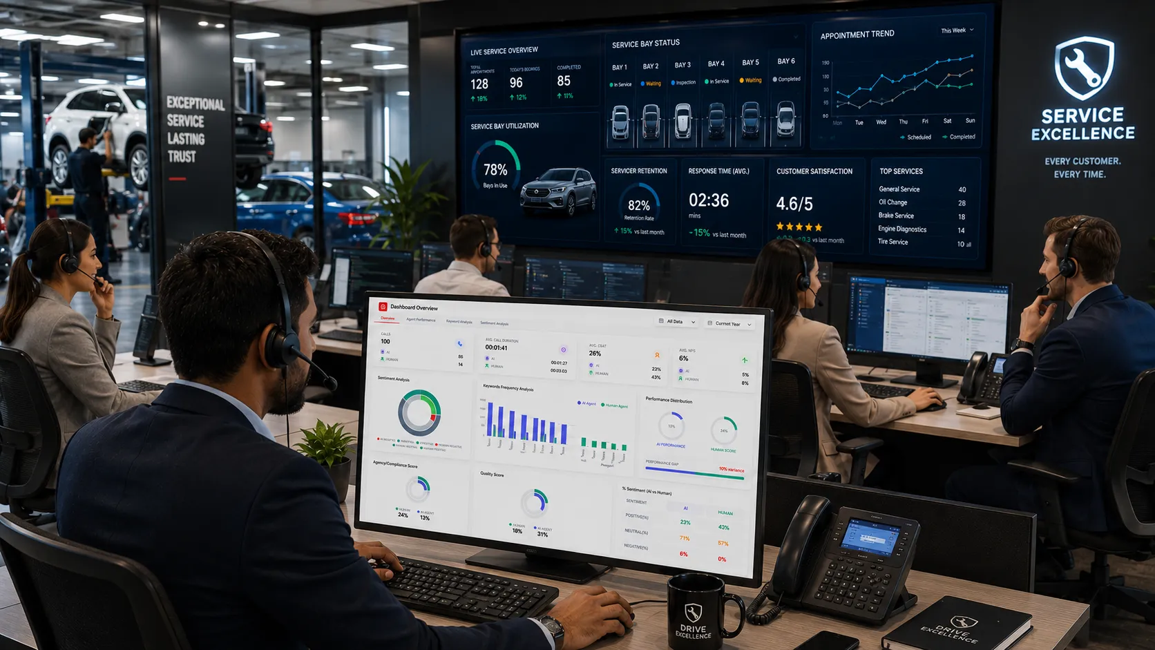 OEM service center team using AI call analytics for service operations.