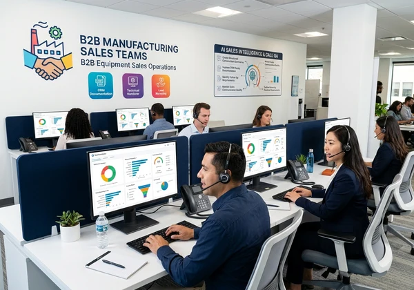 B2B manufacturing sales team reviewing automated call summaries and CRM handovers on Verbix AI dashboard