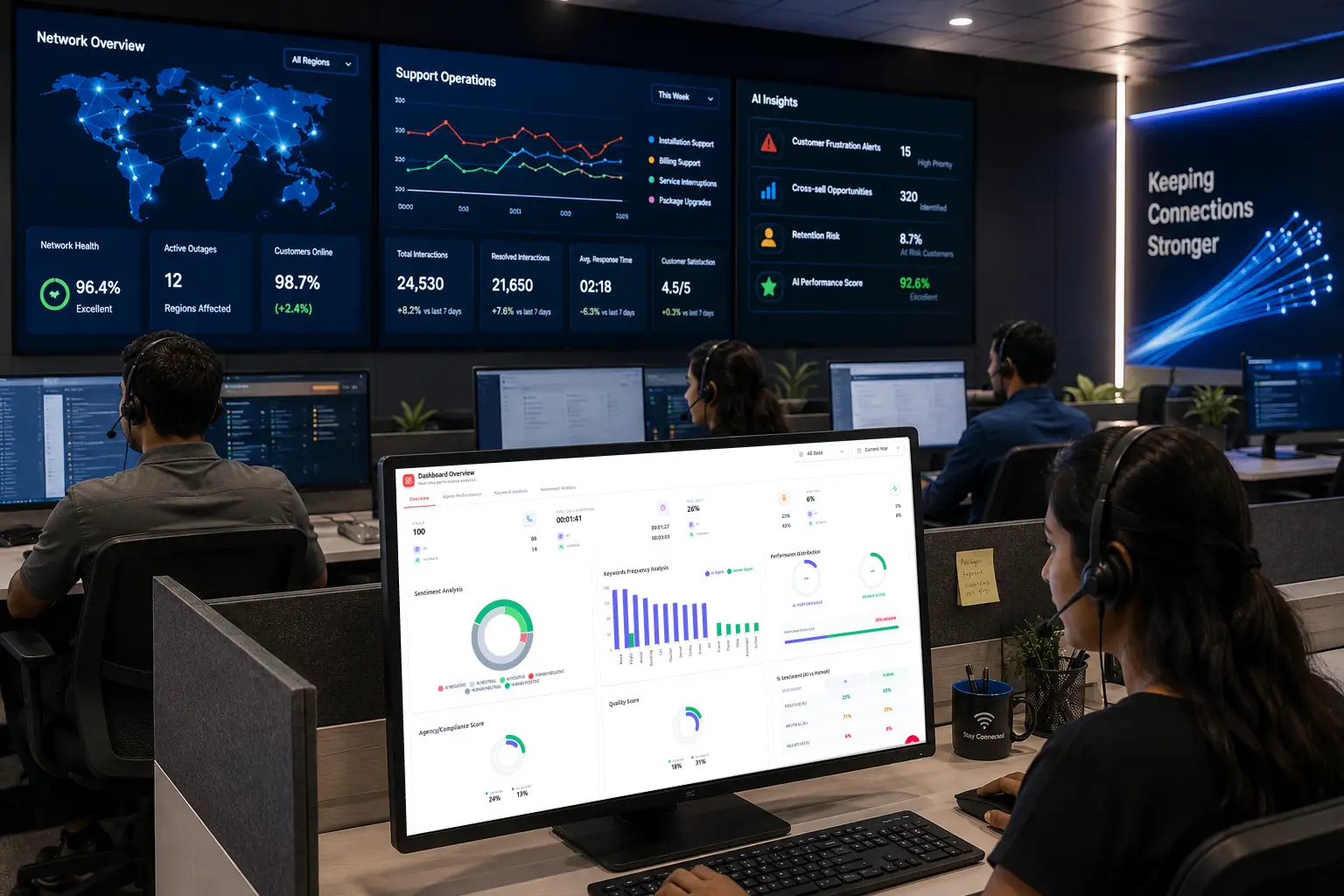 Cable broadband support team monitoring customer experience and service analytics