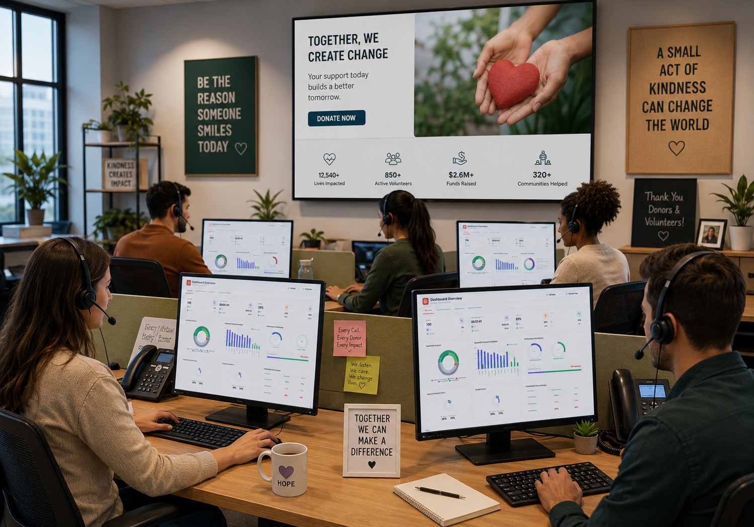 Charity team monitoring donor conversations and fundraising drives using AI analytics