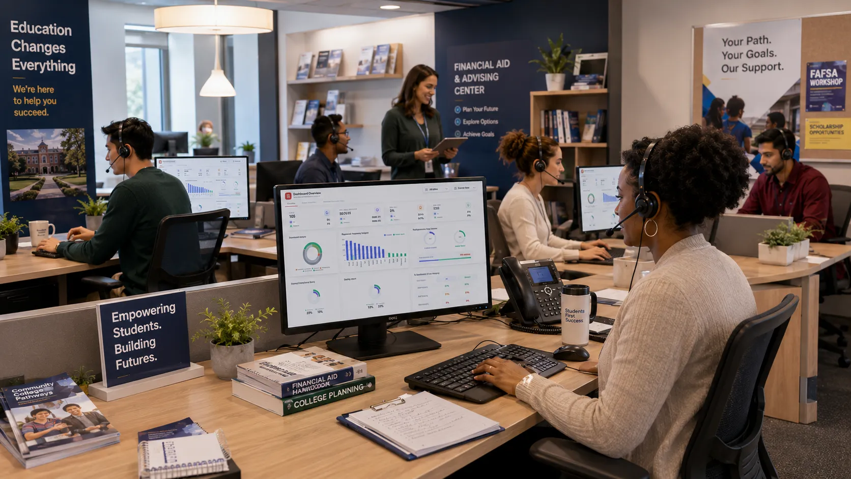 College admissions team using AI call analytics dashboard for student support
