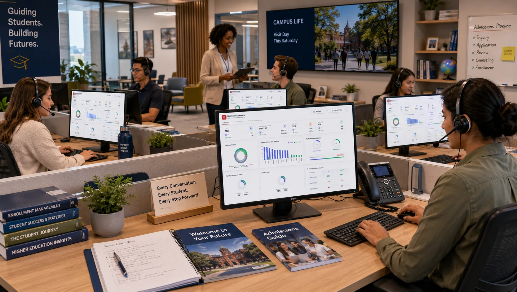 University admissions team using AI call analytics dashboard for student support