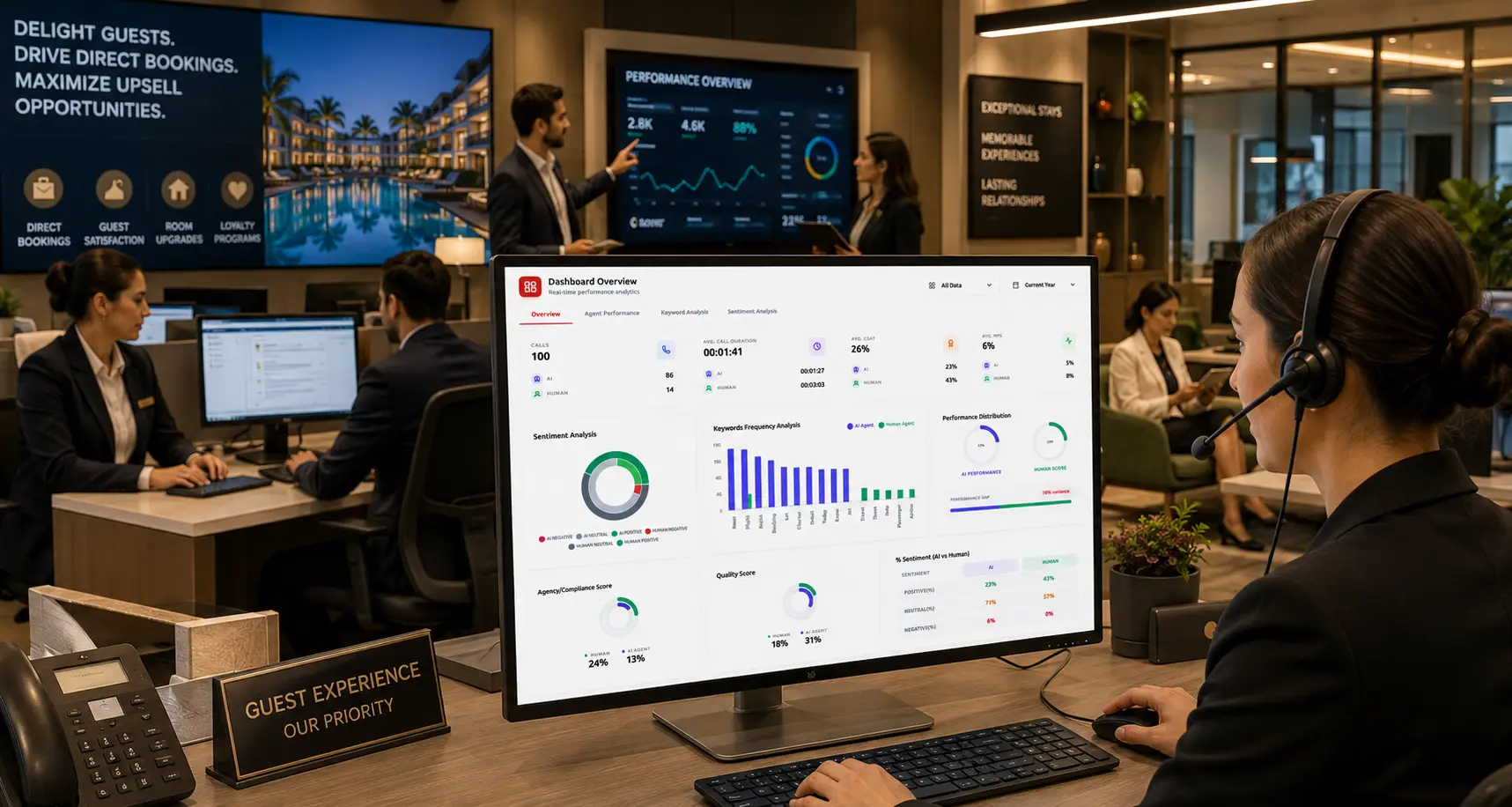 Hotel and resort guest experience team with hospitality analytics dashboard.