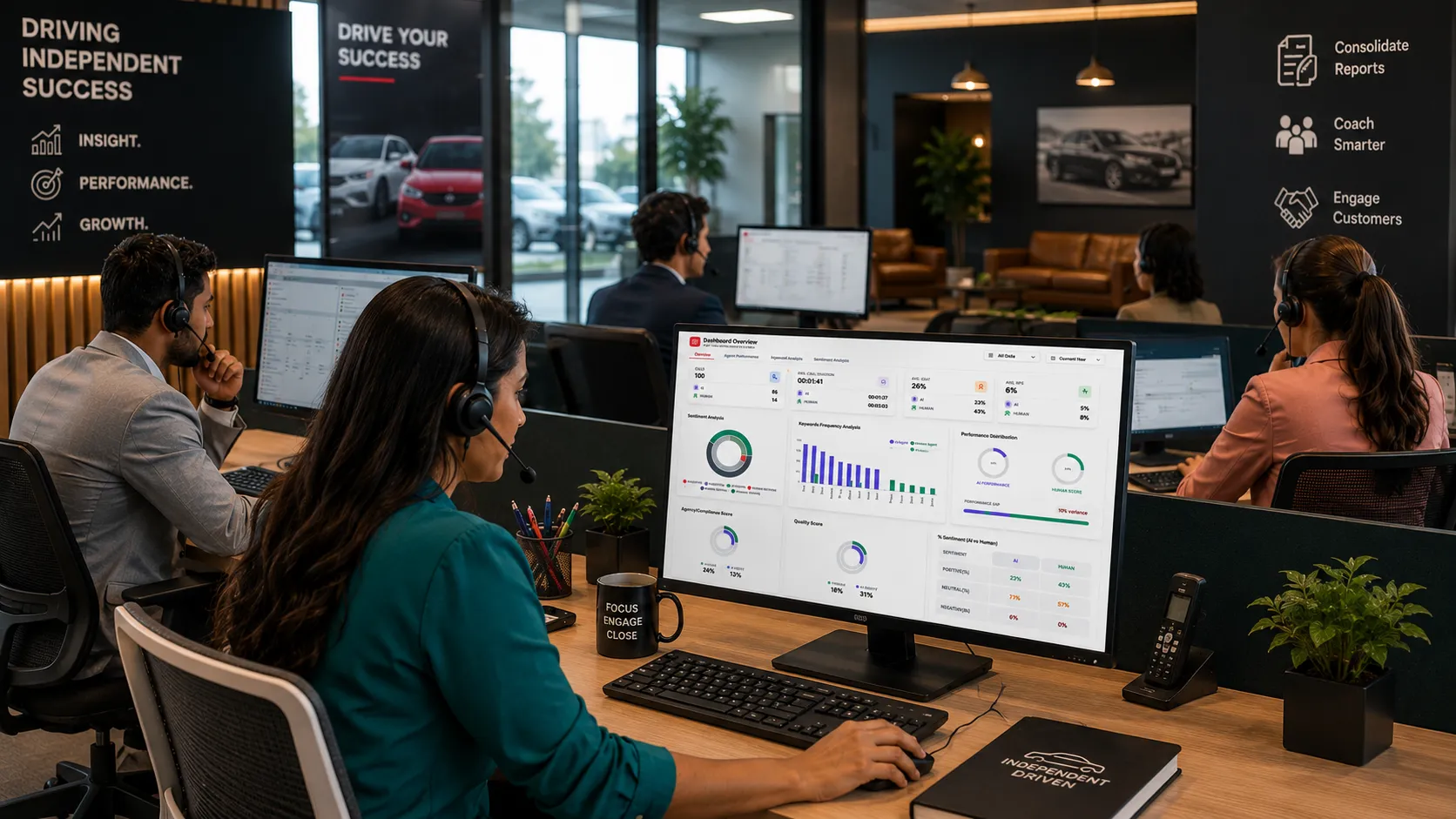 Independent auto dealer team using AI call analytics to improve sales performance