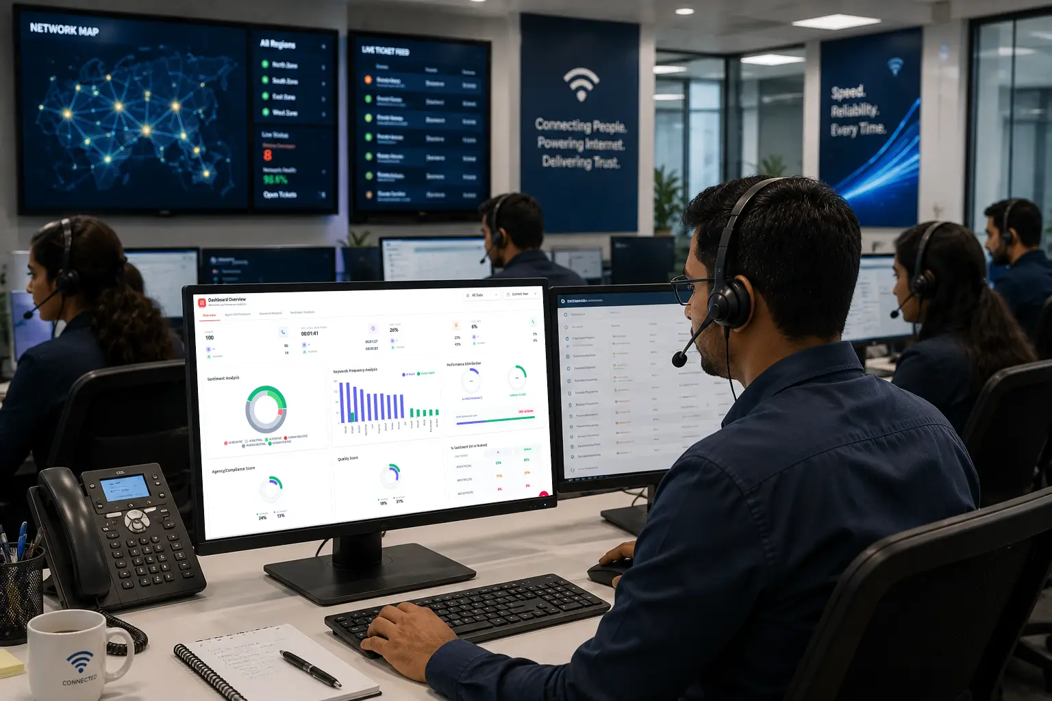 ISP support team monitoring network outages and customer service analytics