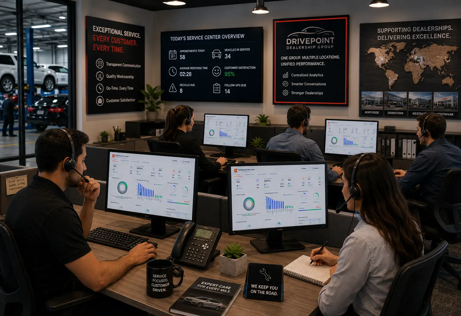 Independent automotive repair shop checking service recommendations with AI insights.