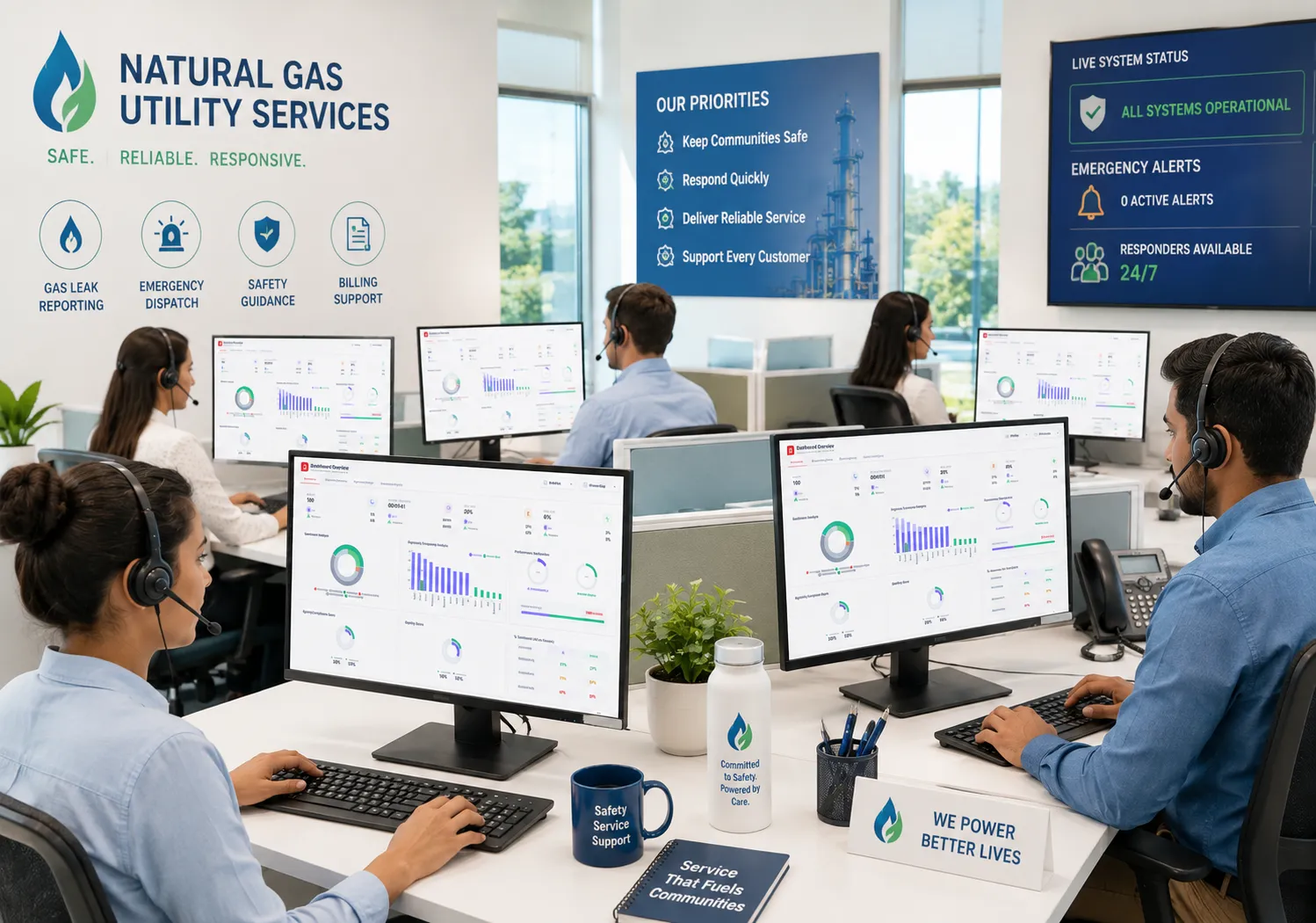 Natural gas utility support team utilizing AI call analytics.