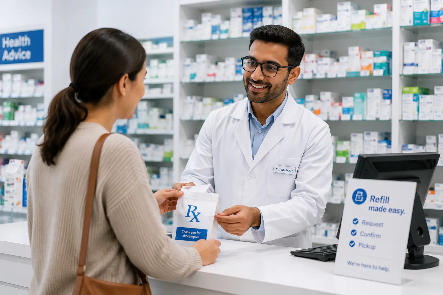 Modern pharmacy staff helping patient with prescription refill and medication support.