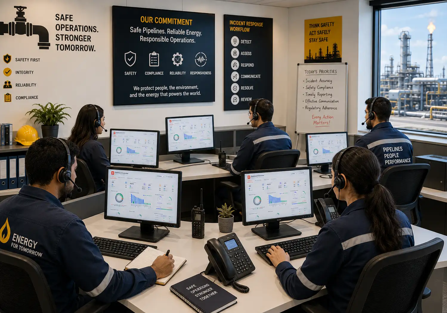 Pipeline operations center managing emergency calls with AI intelligence.