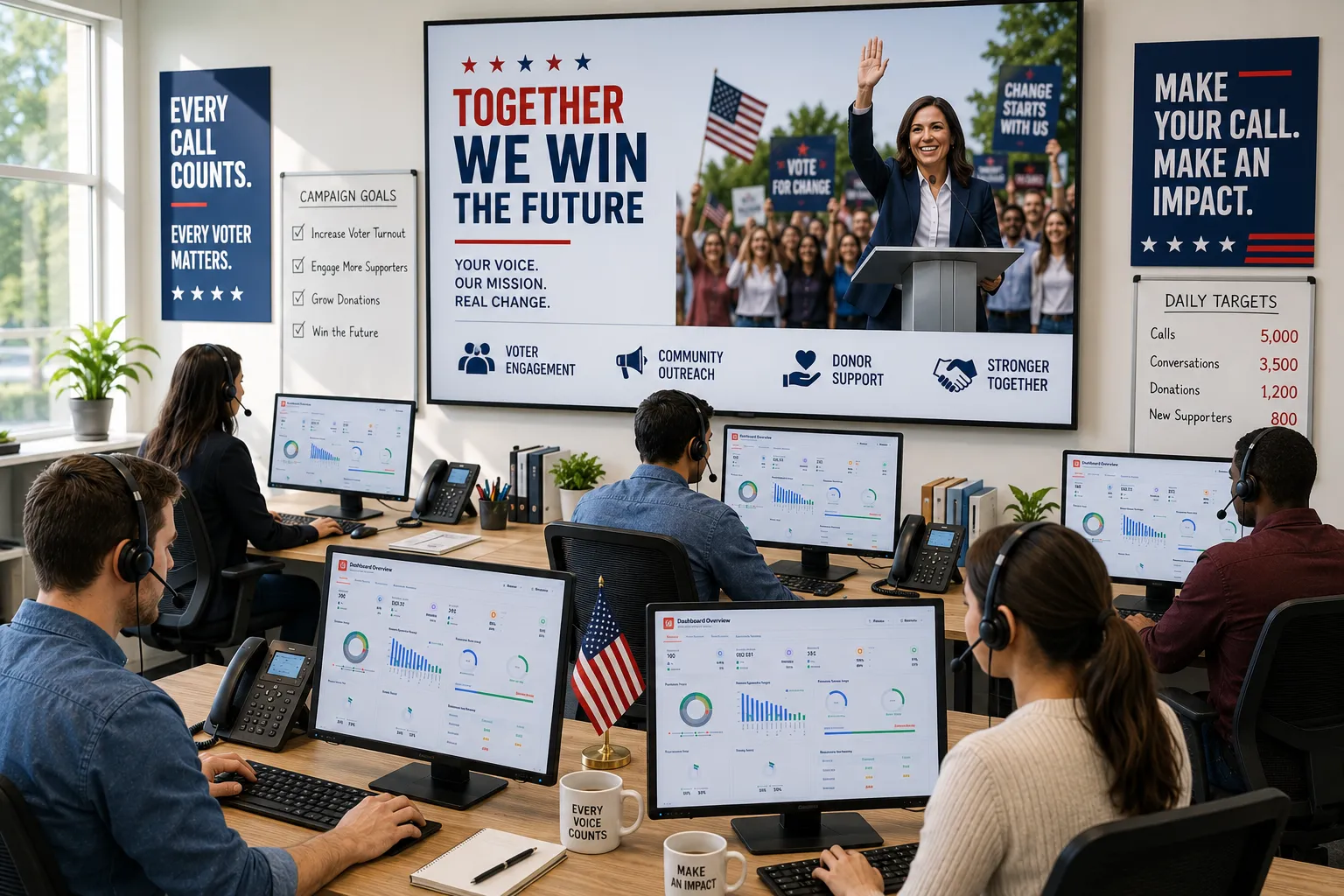 Political campaign call center using AI call analytics dashboard