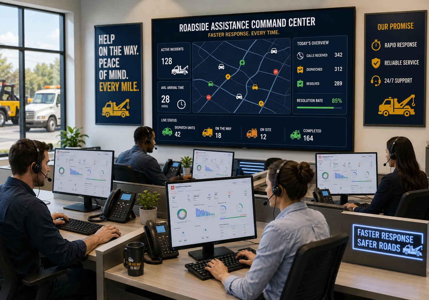 Roadside assistance support team using AI call analytics dashboard for dispatch operations.