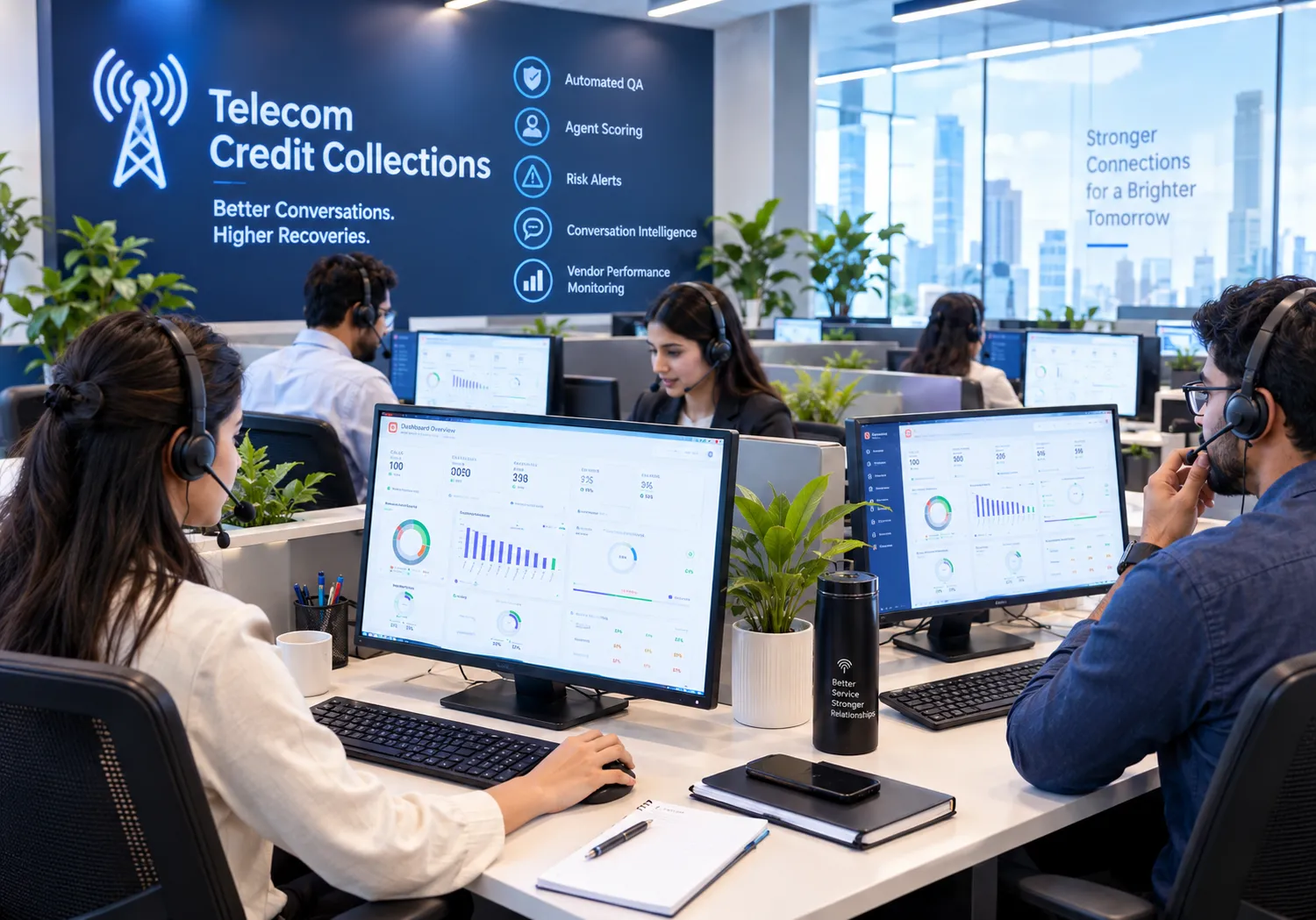 Telecom credit collections team using AI call analytics for fiber and broadband providers.