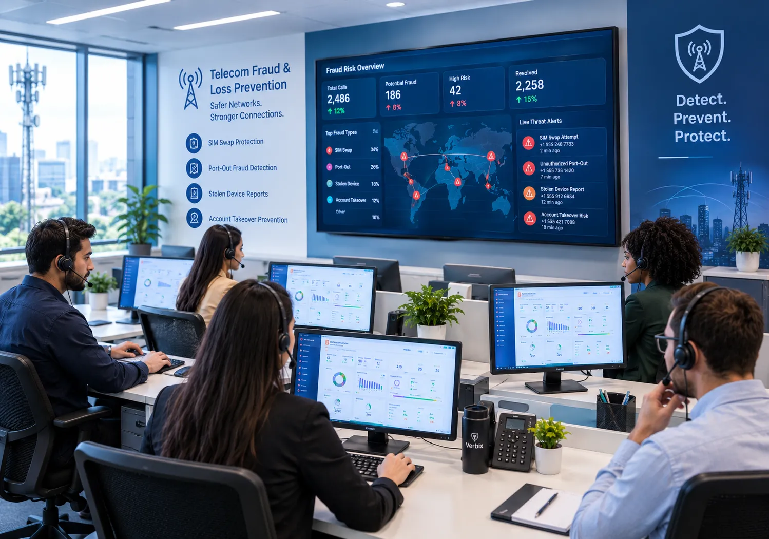 Telecom fraud prevention call center with AI analytics