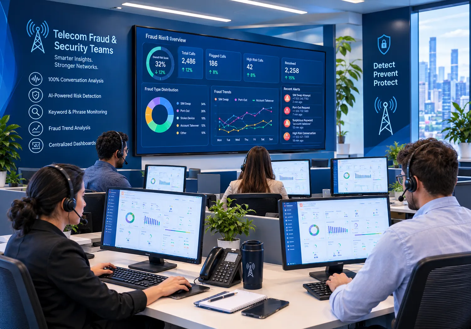 Telecom fraud security team using AI analytics