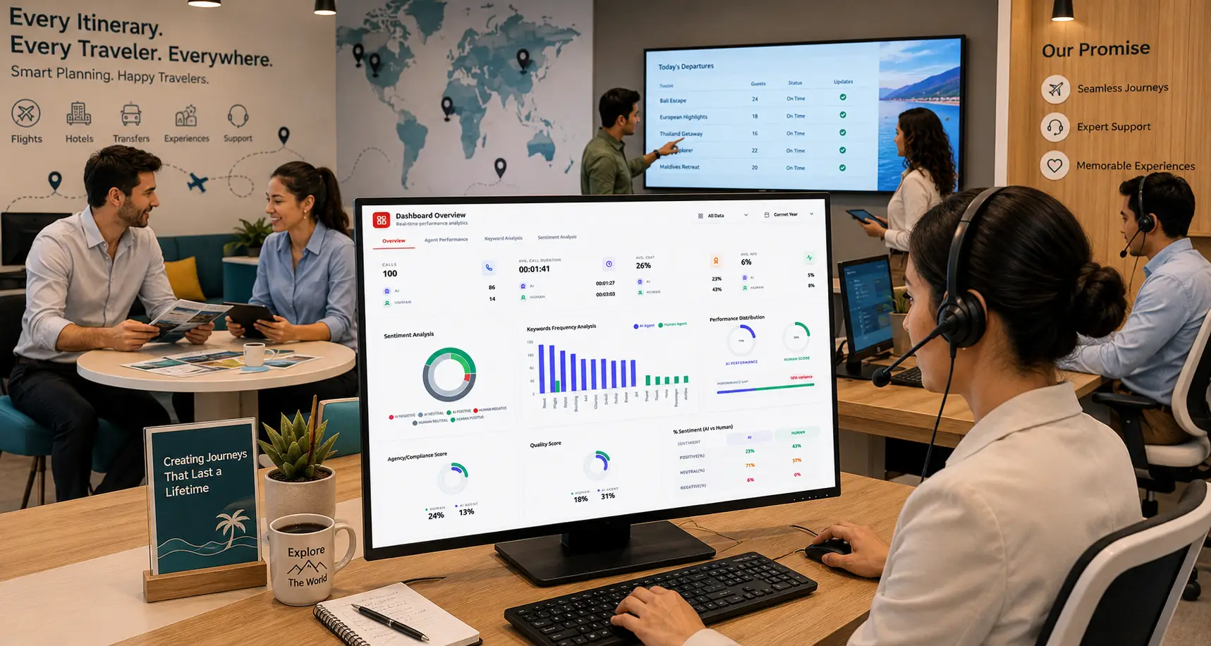 Travel agency operations team with itinerary management and customer service analytics dashboard.