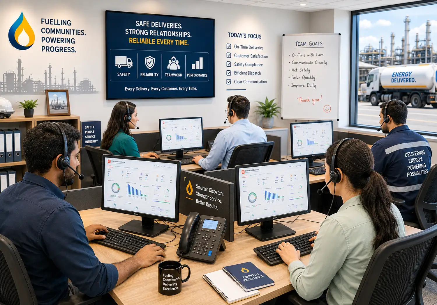 Fuel distribution managers analyzing delivery call insights with AI.