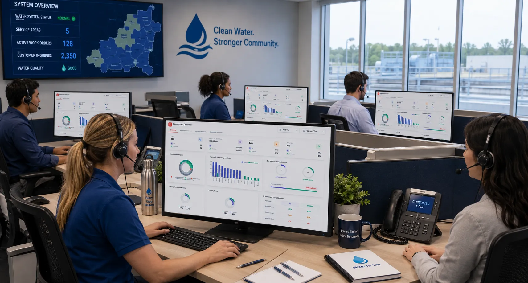 Water utility team using AI call analytics dashboard